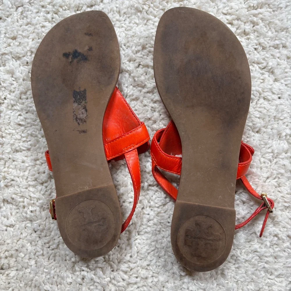 Tory Burch Orange Leather Thong Sandals with Gold‎ Logo Detail Women's Size 7